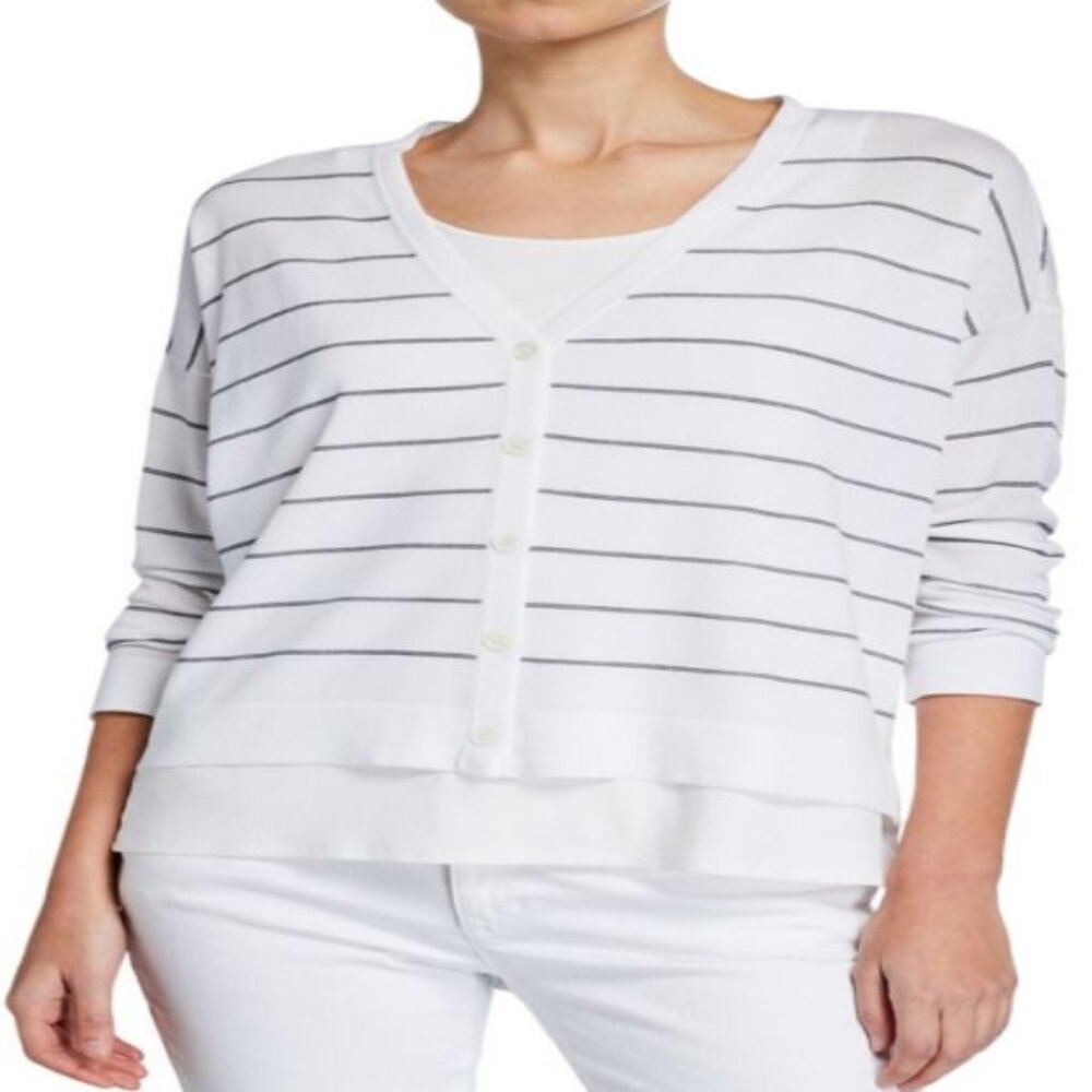 Eileen Fisher Women's Small White Graphite V-Neck Boxy Short Cardigan